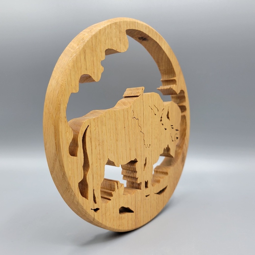 Buffalo Scene Handcrafted Wooden 3D Oak Wood Circular Wall Art Trivet Decor - Picture 8 of 10